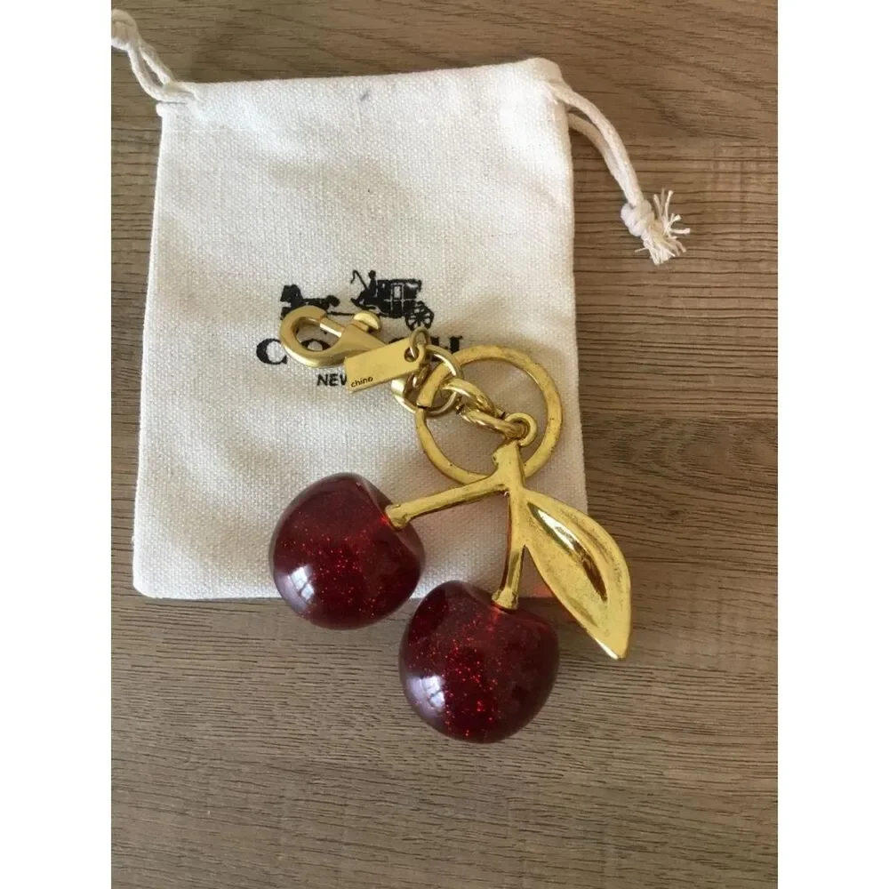 Coach Red Cherry Bag Charm Keychain Resin Metal Brass in Coach Dustbag